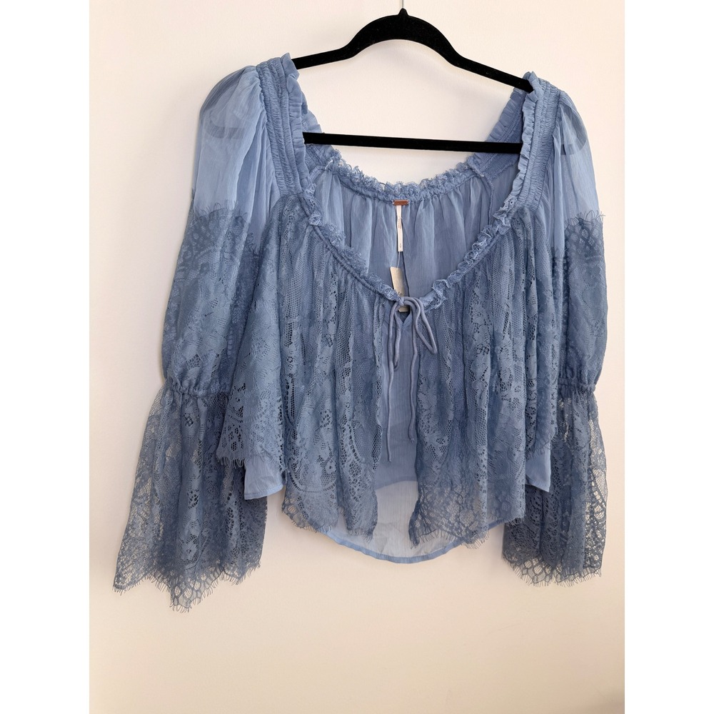 Free People Lace Blouse Womens Small Blue NWT Sheer Bell Sleeve Y2K Fairy Boho